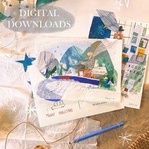 Druckbare Weihnachtspostkarten | SOFORTIGER DOWNLOAD | Mixed-Media-Collage | Winterliche Postkarten