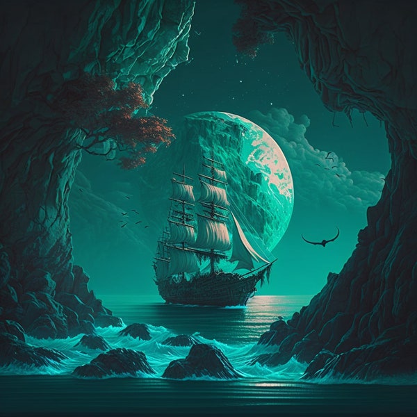 teal wall art digital download ship moon and sea concept art