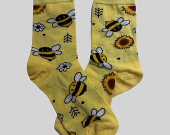 BEE & SUNFLOWER Printed Socks, Novelty, Stocking Filler, Funny Socks, Present, Gift, Animals, Bumble Bee, Cute, Manchester Bee, Flowers