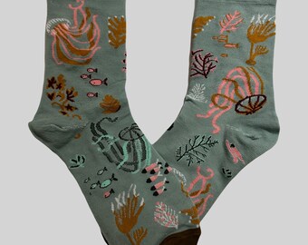 CORAL Printed Socks, Novelty, Stocking Filler, Funny Socks, Present, Gift, Underwater, Water, Seaweed, Marine Life, Sea, Ocean,