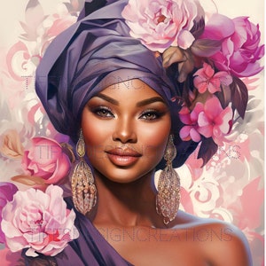 Schöne schwarze Mädchen Magie digitaler Download Sublimation Design lila Blume Hintergrund hübsche Png SVG Clipart Modische Wandkunst