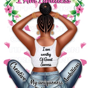 Black Girl Magic Limitless Woman Long Pink Flowers Melanin Digital Download Fashionable Lady Clipart  Png Svg Braided Hair Petals Jeans