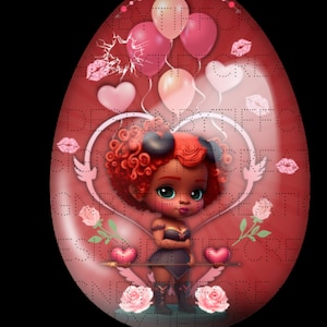 Cupidon’s Cutie Dans Un Œuf Clair Fille Noire Magie Saint-Valentin Mélanine Fleurs Cœurs Bisous Enfants Ballons Téléchargement Numérique Fond rouge