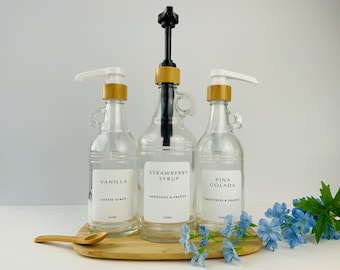 Handled Refillable Clear Glass Syrup Bottles with Bamboo pump eco-friendly, pump dispensers, minimalist waterproof labels, condiment bottle