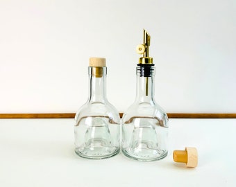 250ML Stackable Glass Bottle Oil / Syrup / Spirits / Vinegar Pourer Bottle, Refillable Clear Bottle, Wooden Cork Lid or Golden Metal Pourer