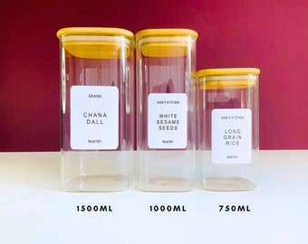 Square Glass Food Storage Jars with Airtight Bamboo lids, White Water resistant Minimalist Label, Kitchen storage, personalised Canister