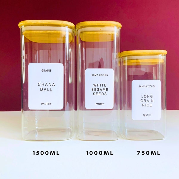 Square Glass Food Storage Jars with Airtight Bamboo lids, White Water resistant Minimalist Label, Kitchen storage, personalised Canister