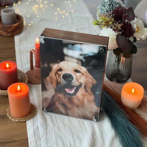 Urna fotográfica personalizada para mascotas, recuerdo moderno para cenizas de perros y gatos.