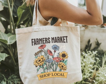 Bolso de mano para mercado de agricultores, bolso de mercado, bolso de lona de algodón, bolso de mano floral, bolso de mano con flores silvestres