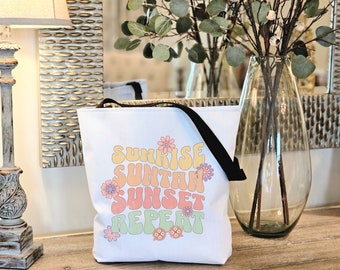 Bolso de playa retro (AOP). Bolso tote con margaritas, bolso de playa, amanecer, bronceado, atardecer, repetición, bolso tote estético, bolso de playa, regalo para niñas