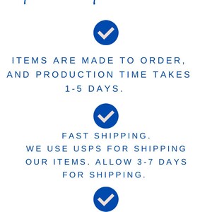 Puede incluir: &iexcl;C&oacute;mo funciona! Los art&iacute;culos se hacen por encargo con un tiempo de producci&oacute;n de 1 a 5 d&iacute;as. Env&iacute;o r&aacute;pido a trav&eacute;s de USPS con un tiempo de entrega estimado de 3 a 7 d&iacute;as. El servicio al cliente es nuestra m&aacute;xima prioridad. Env&iacute;e un correo electr&oacute;nico con cualquier pregunta o inquietud. Anna Lauren Designs US.