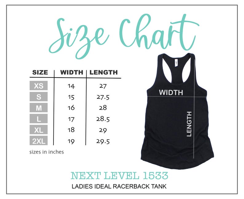 Pode incluir: Tabela de tamanhos para um top de costas nadadoras. A tabela mostra a largura e o comprimento em polegadas para os tamanhos XS a 2XL. O texto "NEXT LEVEL 1533 LADIES IDEAL RACERBACK TANK" est&aacute; na parte inferior da tabela.