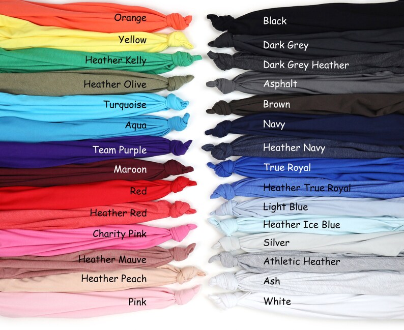 May include: A color chart of 20 different t-shirt colors, including orange, yellow, turquoise, aqua, team purple, maroon, red, heather red, charity pink, heather mauve, heather peach, pink, black, dark grey, dark grey heather, asphalt, brown, navy, heather navy, true royal, heather true royal, light blue, heather ice blue, silver, athletic heather, ash, and white.