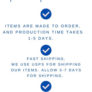 Puede incluir: &iexcl;C&oacute;mo funciona! Los art&iacute;culos se hacen por encargo y el tiempo de producci&oacute;n tarda de 1 a 5 d&iacute;as. Env&iacute;o r&aacute;pido. Usamos USPS para enviar nuestros art&iacute;culos. Permita de 3 a 7 d&iacute;as para el env&iacute;o. El servicio al cliente es nuestra m&aacute;xima prioridad. Por favor, env&iacute;e un correo electr&oacute;nico con cualquier pregunta o inquietud. Anna Lauren Designs US