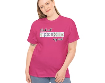 May include: A pink t-shirt with the text "Check out my rack" and a graphic of mahjong tiles.