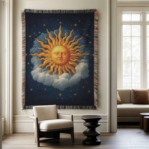 Sun and Moon Tapestry Woven Blanket | Celestial Sun Moon Throw | Dark Academia Witchy Decor | Renaissance Astrology Wall Art