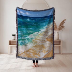 Ocean Wave Woven Blanket, Emerald Coast Beach Tapestry Throw, Impressionist Seascape Blanket, Turquoise Sea Wall Hanging, Coastal Art Decor
