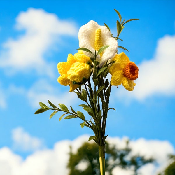 Gele mix boeket haak lelie bloemboeket Rose narcis bloemen gehaakt boeket Moederdag cadeau