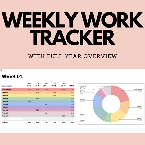 Work Tracker Google Sheets Template | Productivity Spreadsheet | Weekly Yearly Goal Planner | Habit Tracker