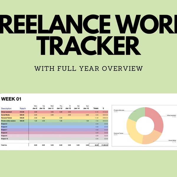 Freelance Work Tracker Google Sheets Template | Income Spreadsheet | Weekly Yearly Goal Planner | Productivity Tracker