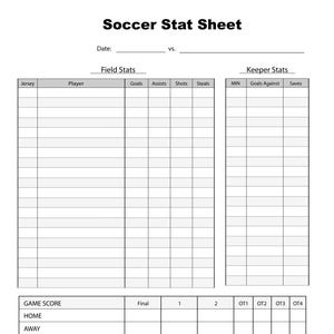 Op de afbeelding: Een wit voetbalstatistiekblad met de titel "Soccer Stat Sheet". Het bevat secties voor veldstatistieken, keeperstatistieken, spelscores en teamstatistieken. Het blad biedt ruimte voor spelersinformatie, doelpunten, assists, schoten en reddingen.
