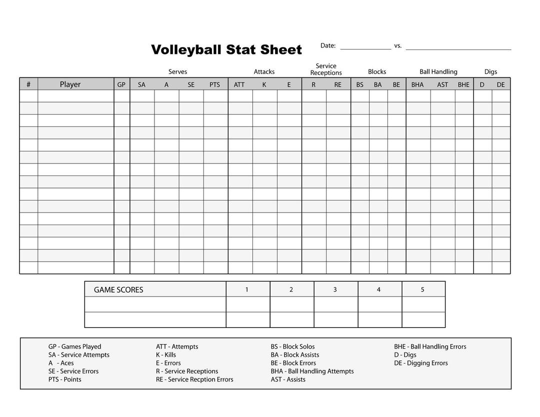 Volleyball SVG | Printable Volleyball Stat Sheet Template - Instant ...