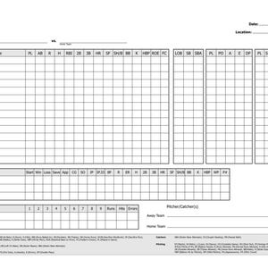 Puede incluir: Una hoja de anotación de béisbol con secciones para nombres de jugadores, estadísticas, datos de lanzamiento y puntuaciones de entrada. La hoja incluye espacios para la fecha y la ubicación, diseñada para rastrear los detalles del juego.