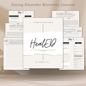 Może przedstawiać: 75-dniowy dziennik odzyskiwania zaburzeń odżywiania zatytułowany "HealED" w czarno-białym designie. Dziennik jest częścią serii o zdrowiu psychicznym i został zaprojektowany przez Scribble & Co.