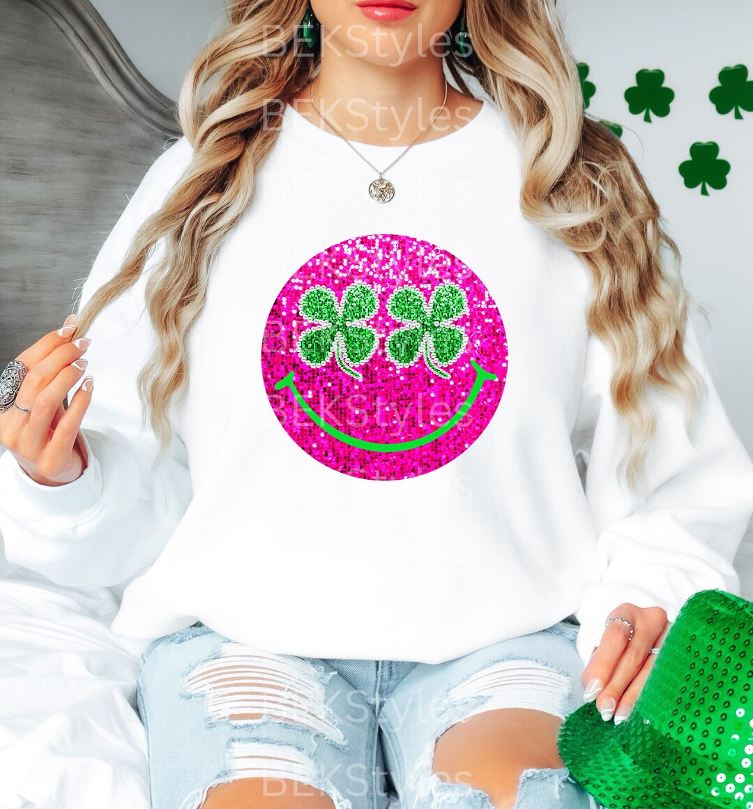 Sparkly Four Leaf Clover Smiley Shirt, St Patricks Day Shirt, Women Tee ...