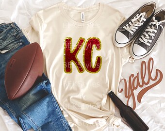 Sparkly Red and Gold Faux Sequins KC Shirt, Kansas City Chiefs Shirt, Kansas City Football Shirt, Football Fans, Kansas Football Shirt Women