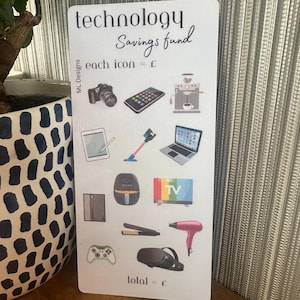 May include: A white card with the text "technology savings fund" and "each icon = £". The card has a variety of icons representing technology items, including a camera, phone, laptop, coffee maker, tablet, vacuum cleaner, TV, hairdryer, video game controller, and virtual reality headset. The card also has the text "total = £".