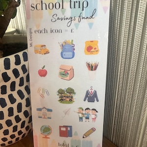 Può includere: Un grafico bianco con uno sfondo colorato e il testo "school trip savings fund" in alto. Il grafico contiene un elenco di icone a tema scolastico, come un autobus scolastico, uno zaino, una mela, una scatola per il pranzo, matite, graffette, un edificio scolastico, un mappamondo e una matita. Il testo "each icon = £" è sotto le icone, e il testo "total = £" è in fondo al grafico.