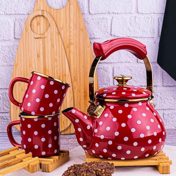 Enamel Polka Dot Teapot, Vintage Tea Kettle, Stove Top Tea pot