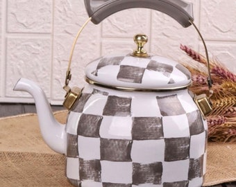 Checkered Enamel Tea Kettle, Vintage Teapot, Stove Kettle