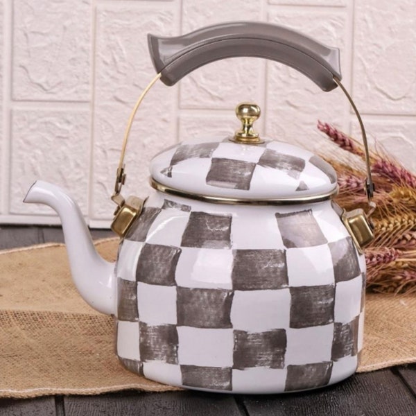 Checkered Enamel Tea Kettle, Vintage Teapot, Stove Kettle