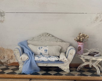 1/12 scale dollshouse sofa in chinz blue and white vintage linen fabric accented with blue and white stripes