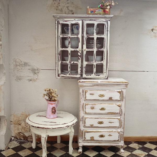 1/12 scale dollshouse vintage wall cabinet ,distressed shabby chic style