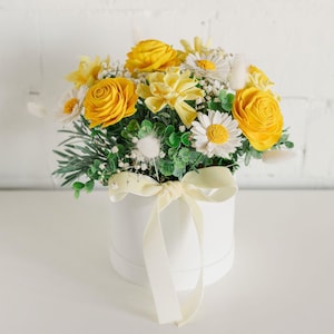 Yellow Rose Sola Wood Flower Arrangement: Dried Accent Hat Box