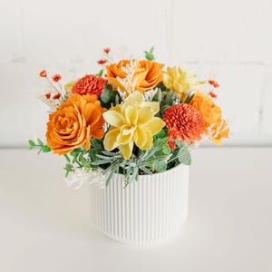 Ray of Sunshine Sola Wood Flower Arrangement with Dried Accents. Yellow, Orange, and Tangerine