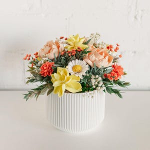 Citrus Bliss Sola Wood Flower Arrangement with Dried Accents. Daisies, Tangerine, White, Yellow, Salmon.