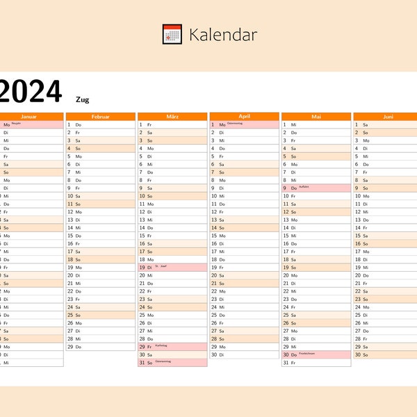 Kalendar 2024 mit Feiertage in Zug - Schweiz, Ganzjahreskalender, Druckbarer Kalendar, Kalender im A4-Querformat, Wandkalender, Monatsplaner