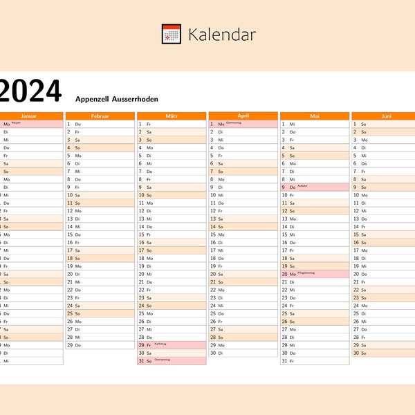 Kalendar 2024 mit Feiertage in Appenzell Ausserrhoden - Schweiz, Ganzjahreskalender, Druckbarer Kalendar, Kalender im A4-Querformat