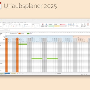 Puede incluir: Una hoja de cálculo con un calendario para 2025, que muestra los días de vacaciones para diferentes empleados. La hoja de cálculo se titula "Urlaubsplaner 2025" y tiene columnas para cada mes del año. Cada fila representa un empleado diferente, y las celdas están coloreadas para indicar los días de vacaciones.