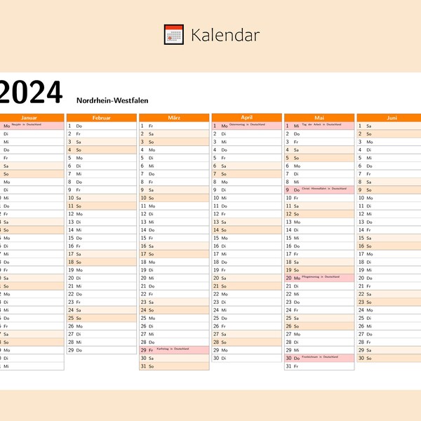 Kalendar 2024 mit Feiertage in Nordrhein-Westfalen - Deutschland, Ganzjahreskalender, Druckbarer Kalendar, Kalender im A4-Querformat