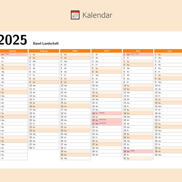 Kalendar 2025 mit Feiertage in Basel-Landschaft - Schweiz, Ganzjahreskalender, Druckbarer Kalendar, Kalender im A4-Querformat, Wandkalender