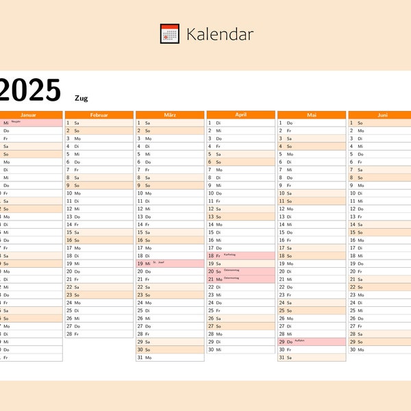 Kalendar 2025 mit Feiertage in Zug - Schweiz, Ganzjahreskalender, Druckbarer Kalendar, Kalender im A4-Querformat, Wandkalender, Monatsplaner