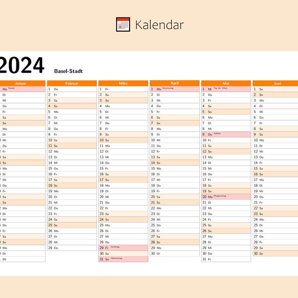 Kalendar 2024 mit Feiertage in Basel-Stadt - Schweiz, Ganzjahreskalender, Druckbarer Kalendar, Kalender im A4-Querformat, Wandkalender