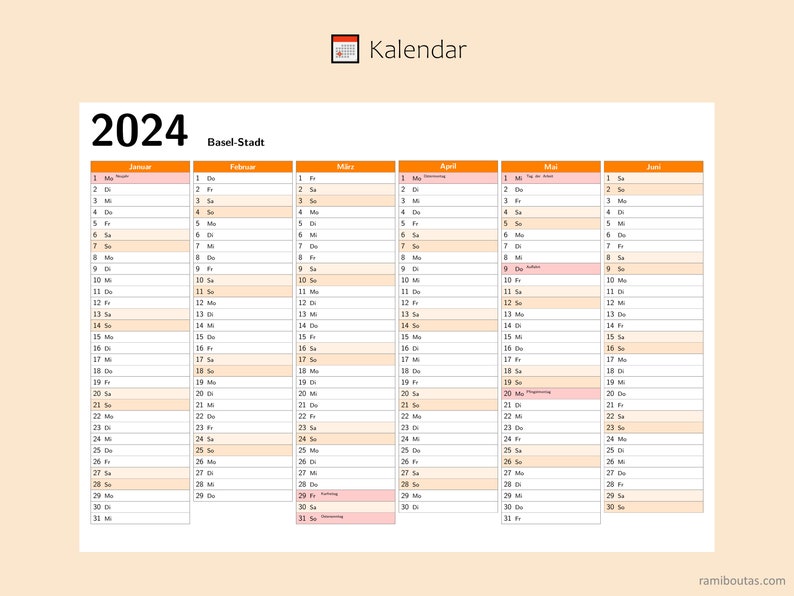 Kalendar 2024 Mit Feiertage in Basel-stadt Schweiz, Ganzjahreskalender 