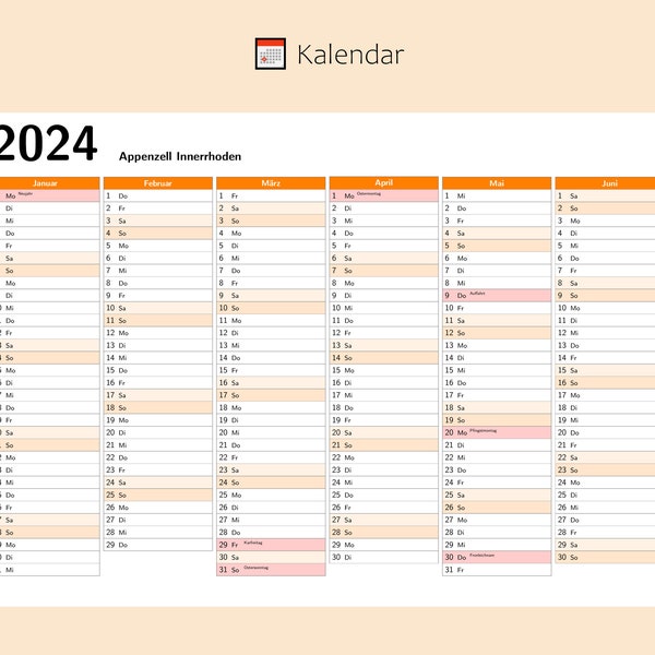 Kalendar 2024 mit Feiertage in Appenzell Innerrhoden - Schweiz, Ganzjahreskalender, Druckbarer Kalendar, Kalender im A4-Querformat