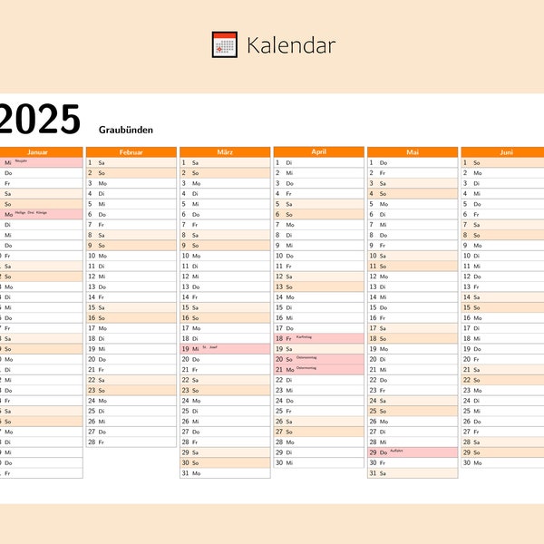 Kalendar 2025 mit Feiertage in Graubünden - Schweiz, Ganzjahreskalender, Druckbarer Kalendar, Kalender im A4-Querformat, Wandkalender